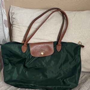 Longchamp Dark Green Tote with Brown Leather Trim